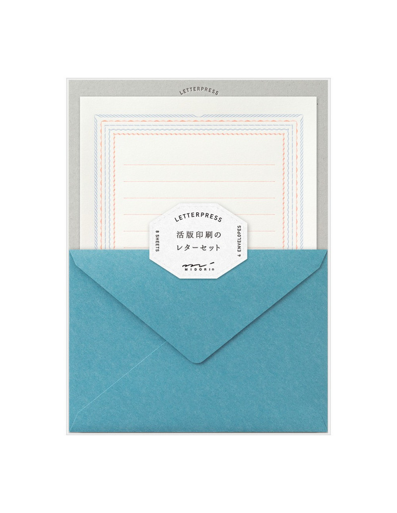 Lot de papier à lettre + enveloppes - Letterpress - Cadre bleu et rouge - Midori