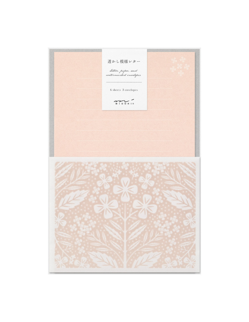 Lot de papier à lettre + enveloppes - Filigrane - Fleurs - Rose - Midori