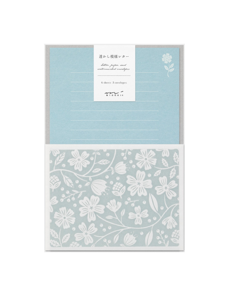 Lot de papier à lettre + enveloppes - Filigrane - Fleurs - Bleu - Midori