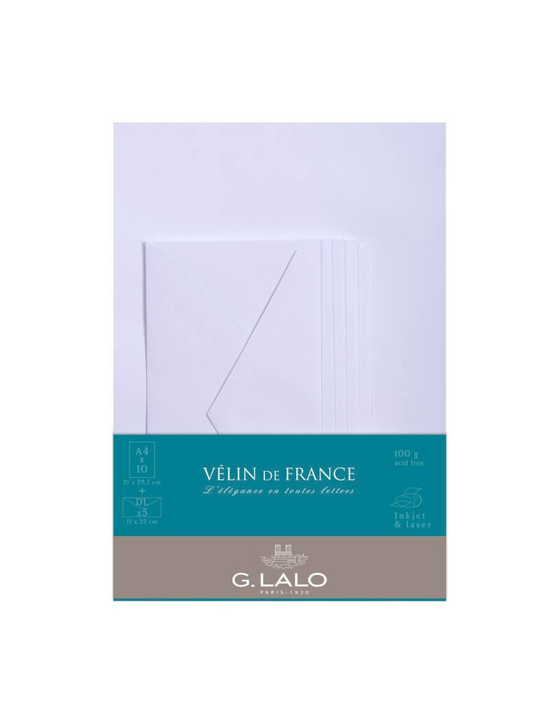 10 feuilles A4 et 5 enveloppes DL - Vélin de France - G. Lalo