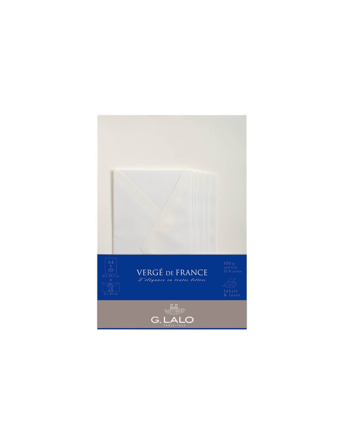 10 feuilles A4 et 5 enveloppes DL - Vergé de France Extra blanc - G. Lalo