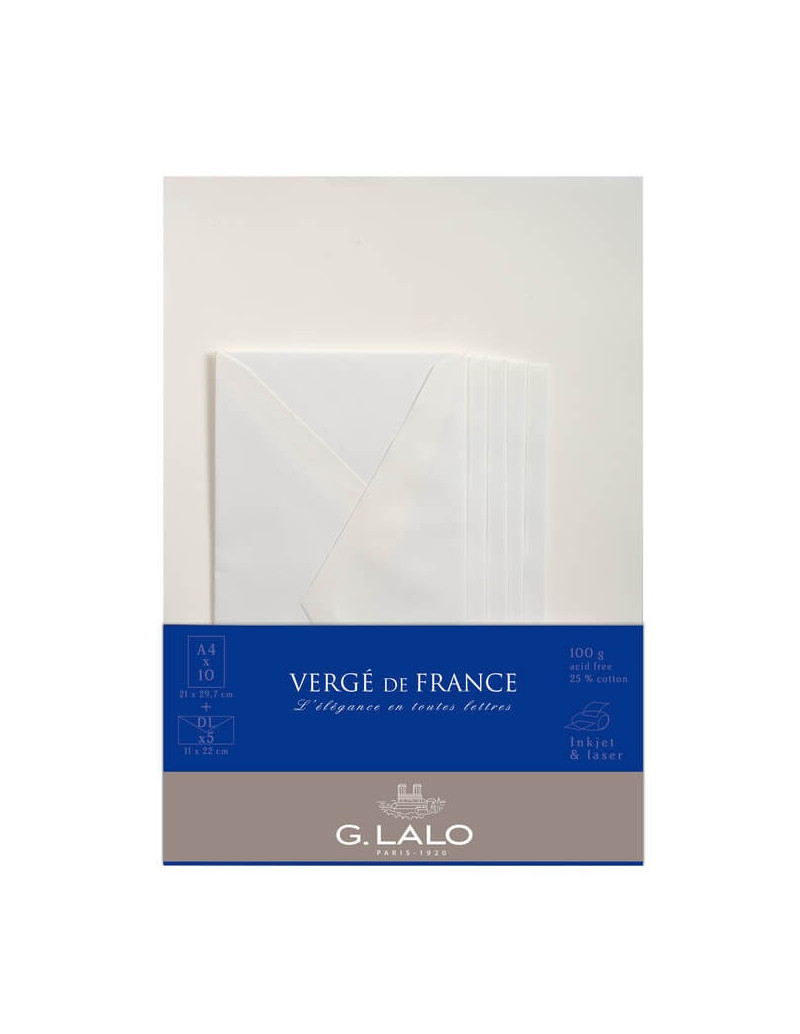 10 feuilles A4 et 5 enveloppes DL - Vergé de France Blanc - G. Lalo