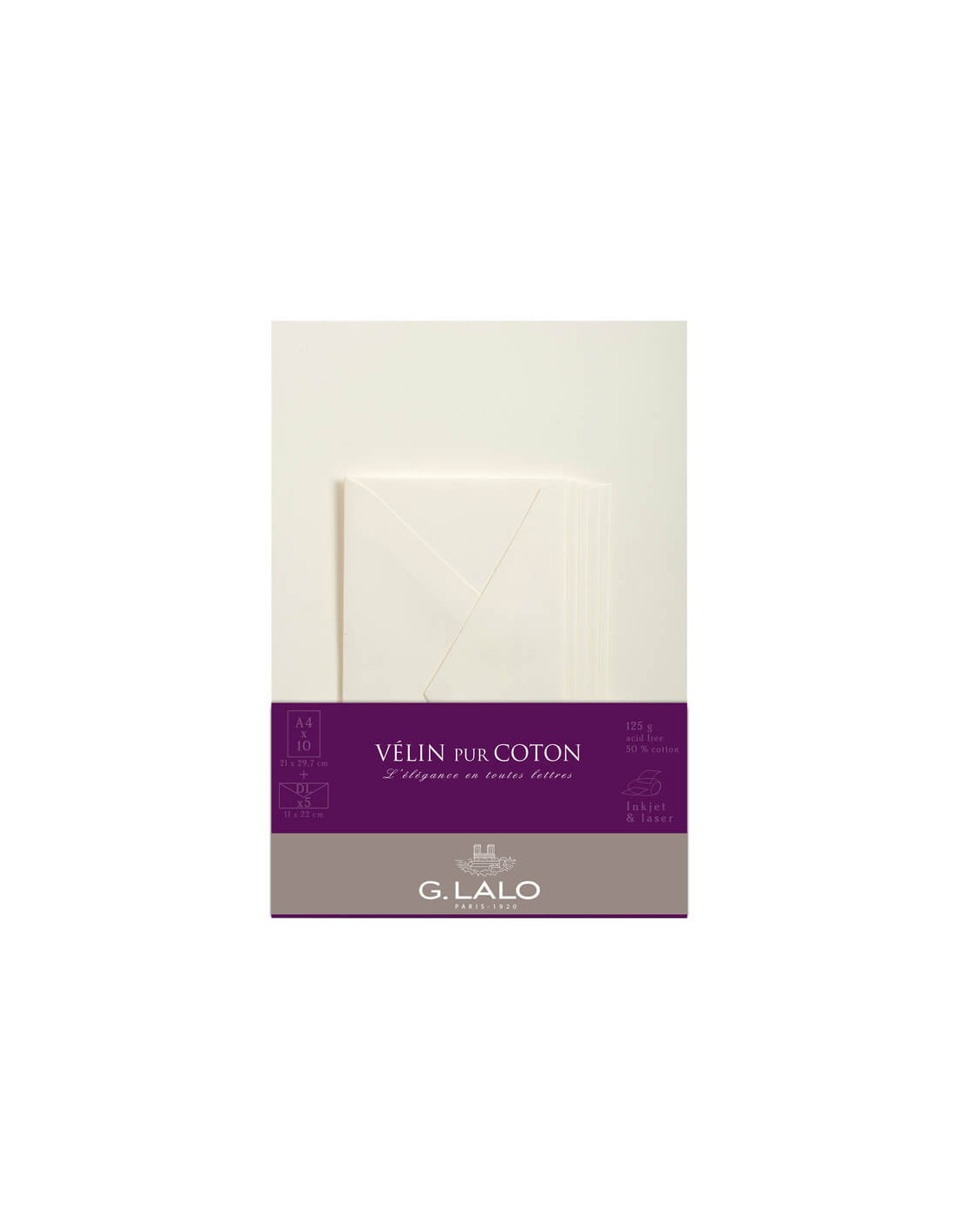 10 feuilles A4 et 5 enveloppes DL - Vélin pur coton - G. Lalo
