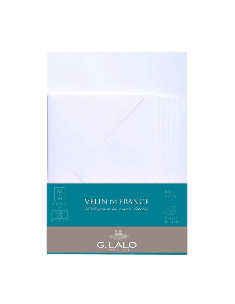 10 feuilles A5 et 5 enveloppes C6 - Vélin de France - G. Lalo