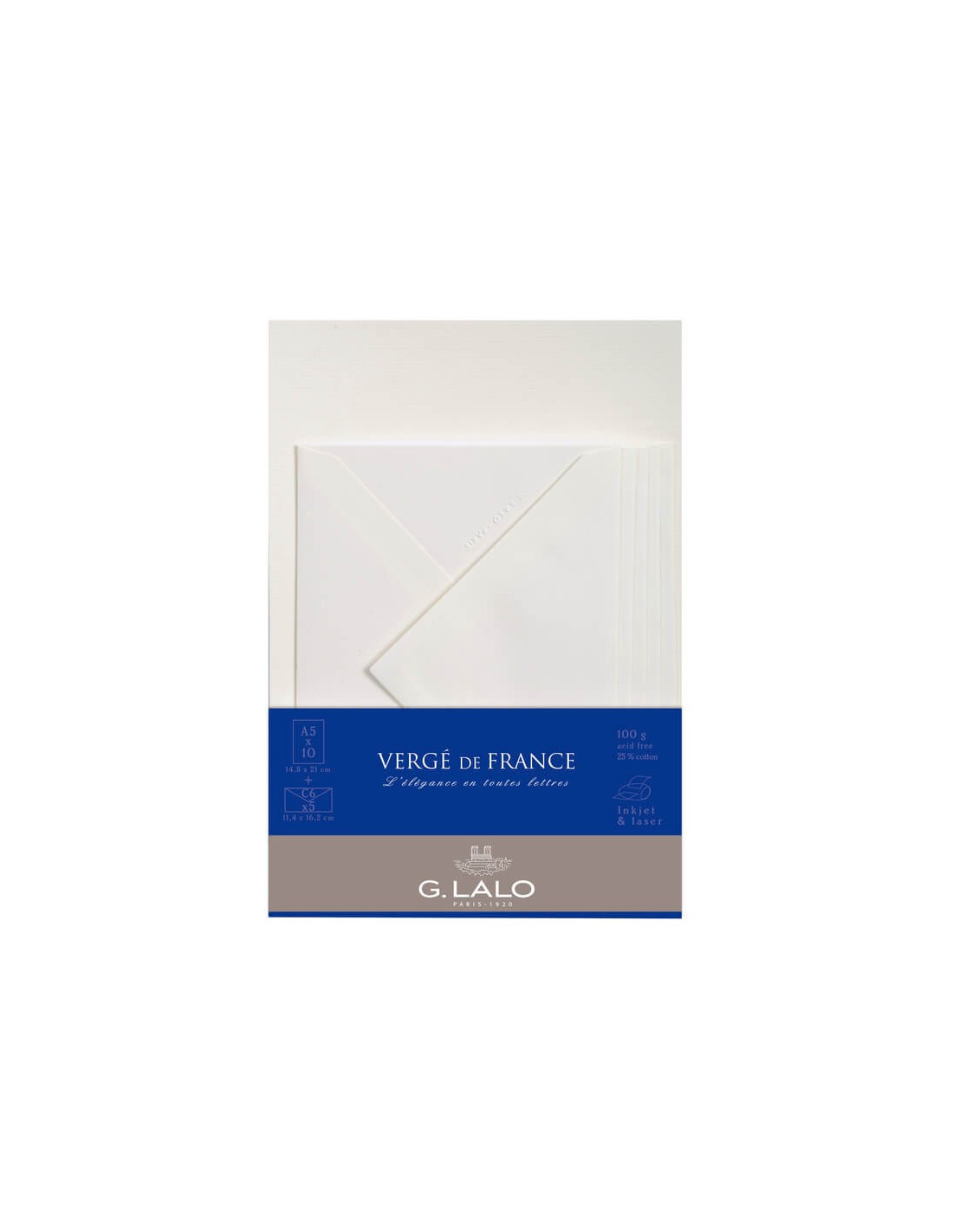 10 feuilles A5 et 5 enveloppes C6 - Vergé de France Extra blanc - G. Lalo