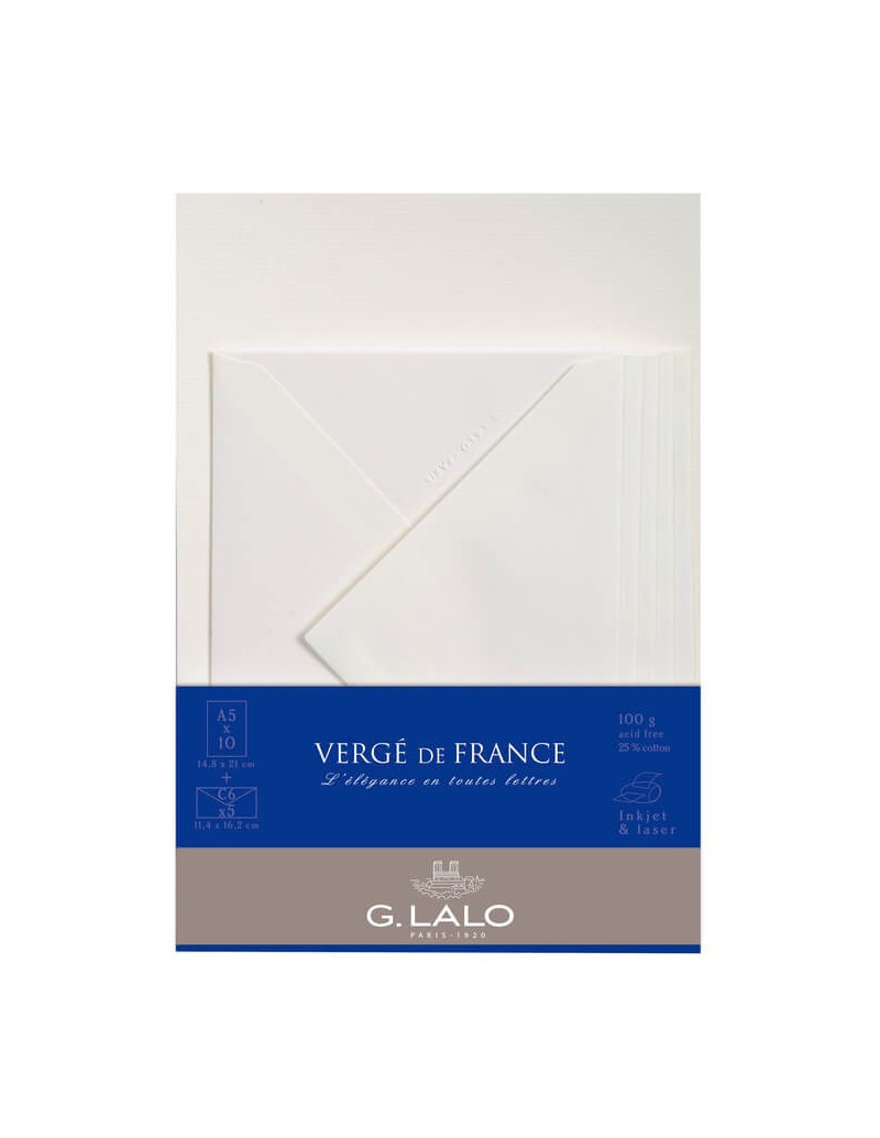 10 feuilles A5 et 5 enveloppes C6 - Vergé de France Ivoire - G. Lalo